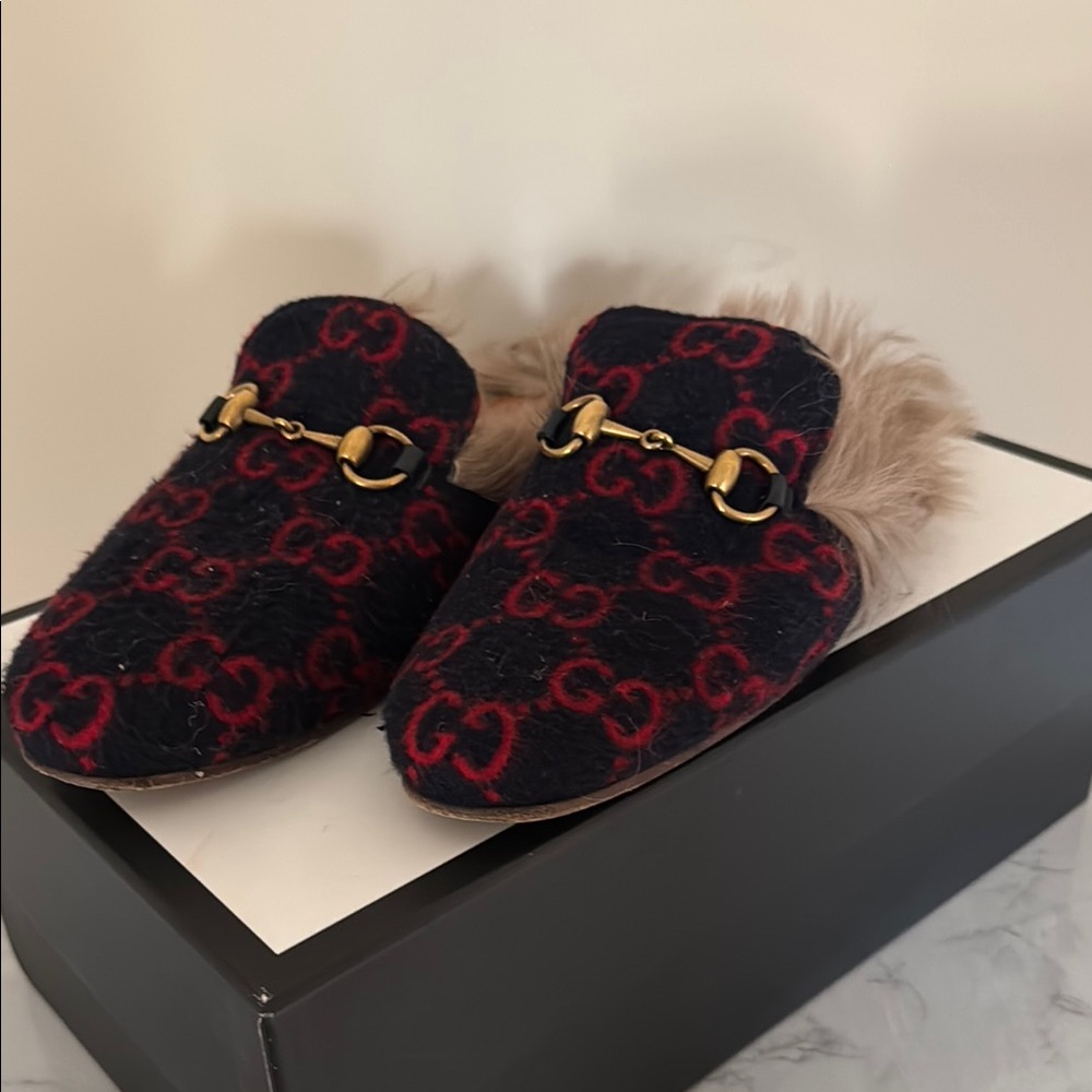 Gucci Black and Red Fur-Lined Loafers
